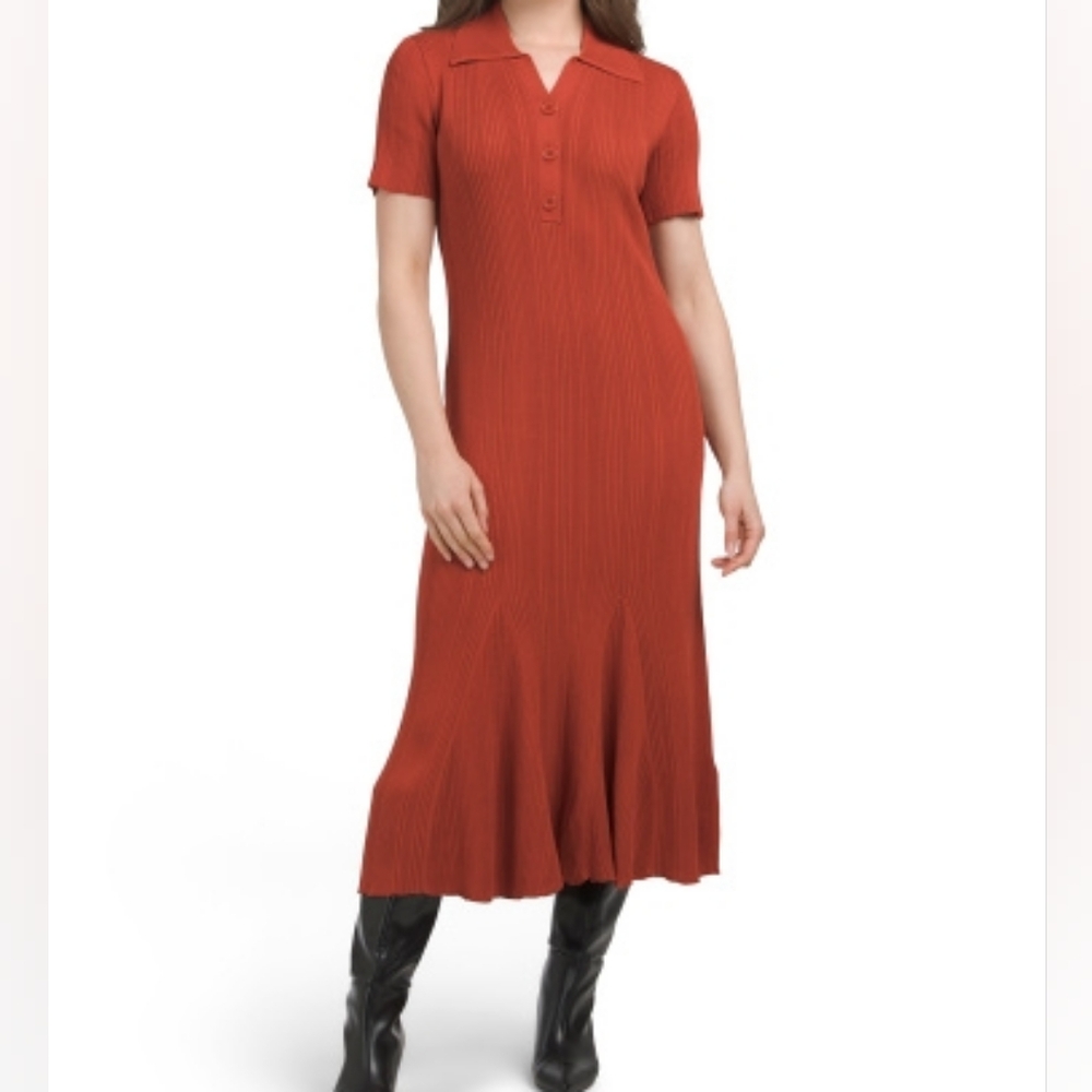 NWT - Julia Jordan Rust Ribbed Knit Collared Quarter Button Midi Dress - Size XL - Picture 9 of 9
